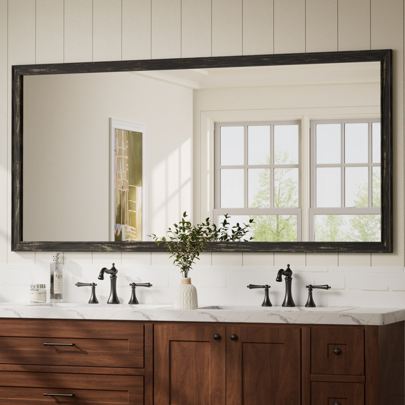 Miroir de salle de bain rectangulaire avec cadre en bois massif, verre trempé, H 72 po x l 36 po, Noir