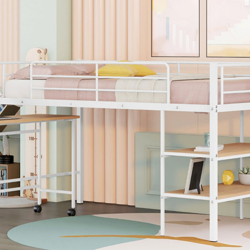 Lit mezzanine simple en métal avec bureau et tablettes (lit), Blanc