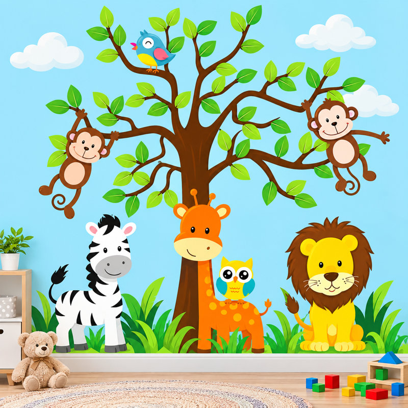 Décalcomanie murale jungle, arbre, giraffe et safari de la chambre d’enfant, Schéma B