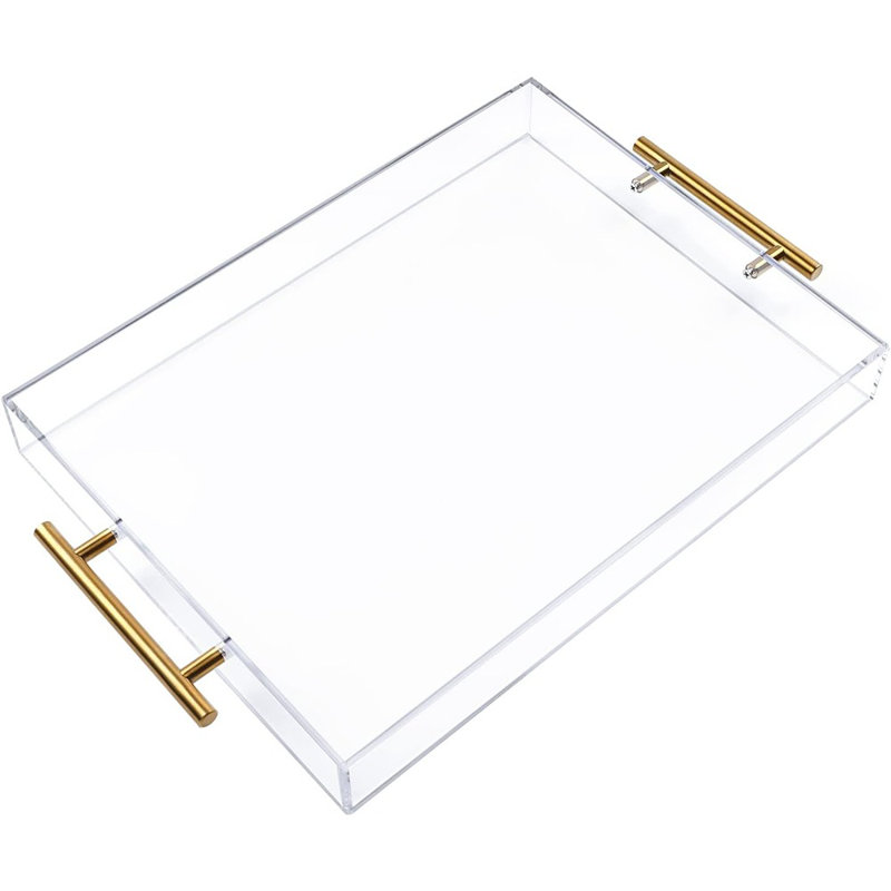 Plateau de service en acrylique transparent avec poignées dorées, plateau en acrylique robuste à capacité énorme pour le café, le jus, le rangement de cuisine et de bureau, plateau de rangement