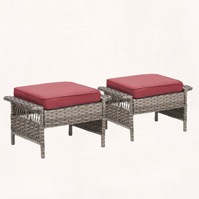 Outdoor PE Wicker Ottoman Set of 2 with Plush Cushions