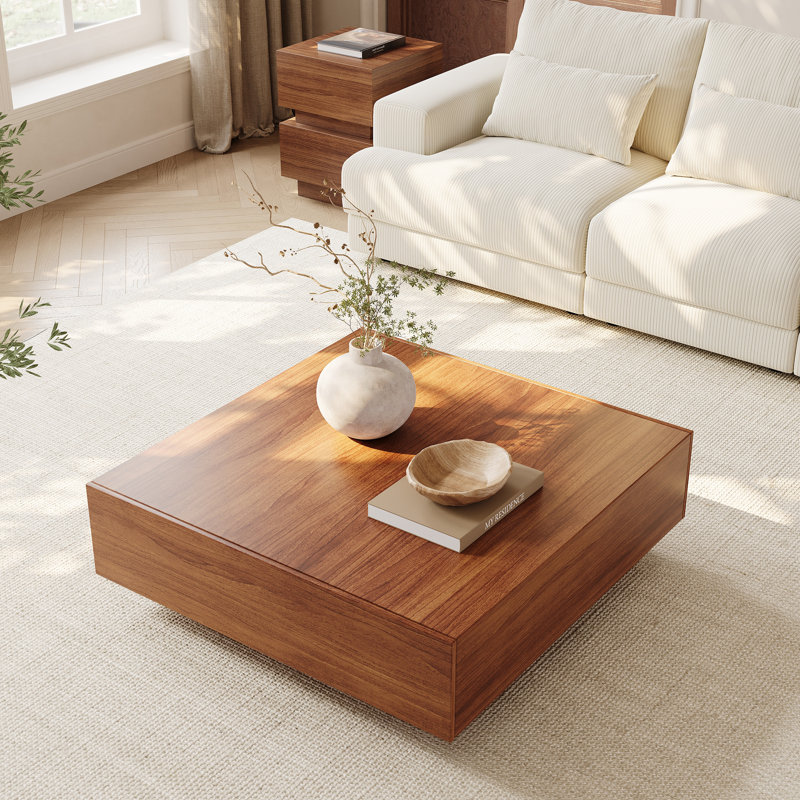 Fully Assembled 2-Drawer Square Coffee Table, Brown, 13.78" H x 35.43" L x 35.43" W