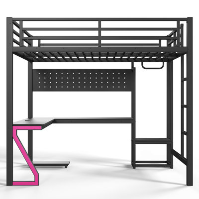 Lit mezzanine double avec bureau en L et ports USB, lit mezzanine en métal avec plateau d'ordinateur, panneau perforé et lumières de jeu en forme de Z, noir