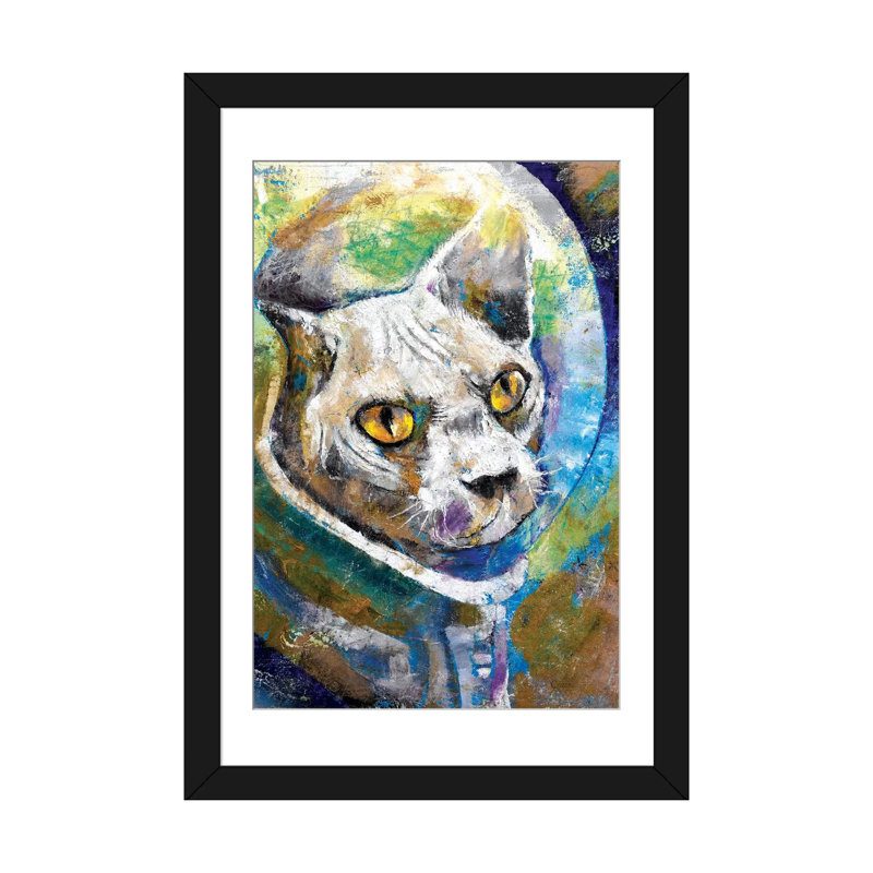 « space cat », reproduction d’art sur toile, H 32 po x l 24 po x P 1 po, Papier d'art encadré noir, Blanc