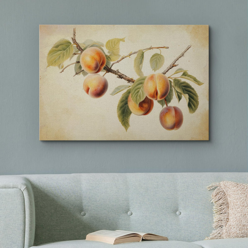 Aliments de cuisine «Print Peach Fruit Watercolor» sur toile, H 32 po x l 48 po, Toile tendue