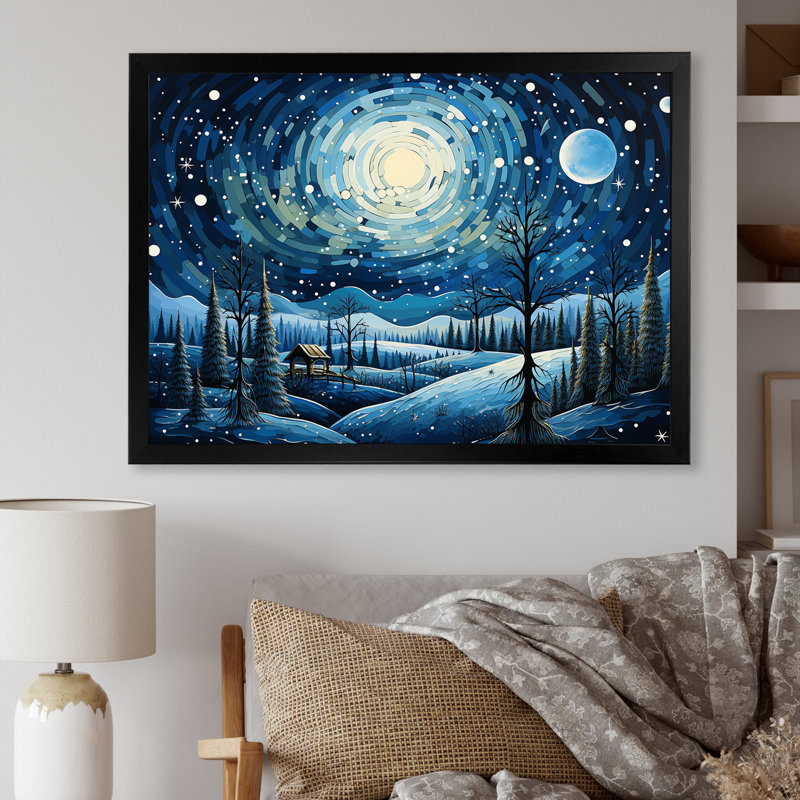 «Winter Christmas Landscape At Night - Winter Landscape», art mural, Cadre d'angle fermé noir, H 34 po x l 44 po x P 1,5 po