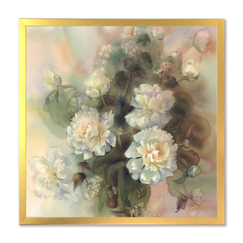 Bouquet abstrait de pivoines blanches - Décoration murale traditionnelle sur toile, Impression dorée sur toile encadrée