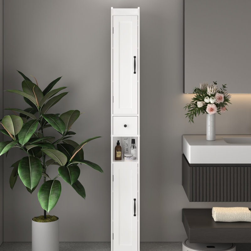 66.26" Tall Freestanding 2 - Door Bathroom Cabinet With 3 Adjustable Shelves, Tip, Open Compartments, White For Bathroom, Kitchen And Living Room In Small Areas Doors, Compartments Home's Spaces