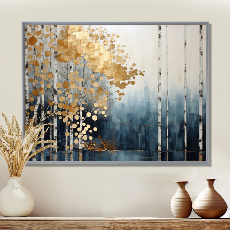 Minimalisme bleu et forêt dorée - art mural forêt, H 12 po x l 20 po x P 1 po, Encadrement argenté