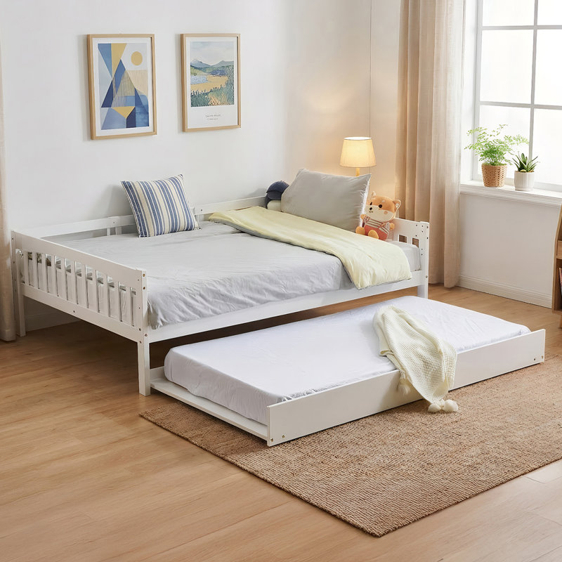 Twin Size Wood Bed With Trundle, Light Strip, Charging Station And Guardrail, Twin