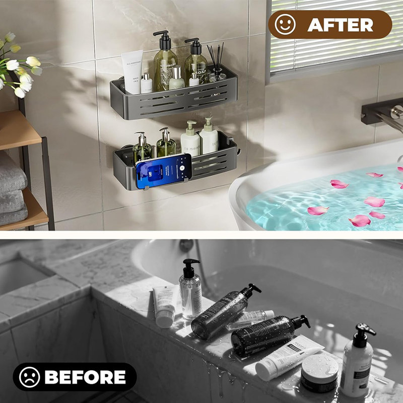 Shower Caddy Suction Cup – Gray – 2-Pack Removable No-Drill Bathroom Organizer With Hooks, Large-Capacity Waterproof & Rustproof Shower Shelves