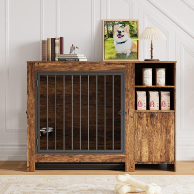 Table de bout pour meubles de caisse pour chien 45,3 po - Chenil d'intérieur en bois robuste avec plateau amovible, mangeoire rotative (2 bols en ABS), tiroir de rangement, 2 tablettes ouvertes, pieds réglables - brun antique