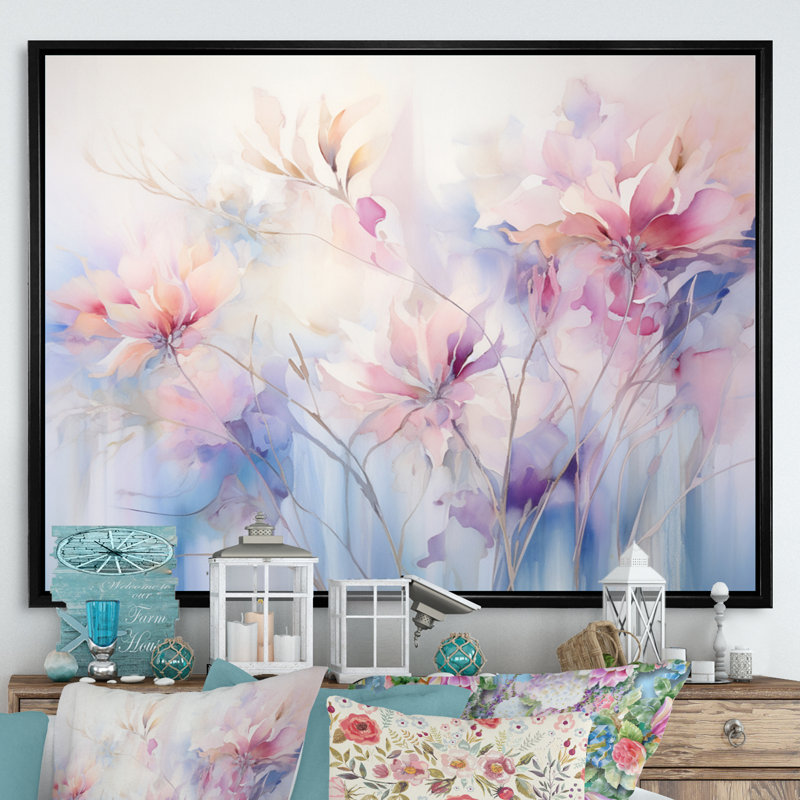 Impression sur toile «Purple Dreamy Florals II - Abstract Botanicals», H 16 po x l 32 po x P 1 po, Cadre flottant noir