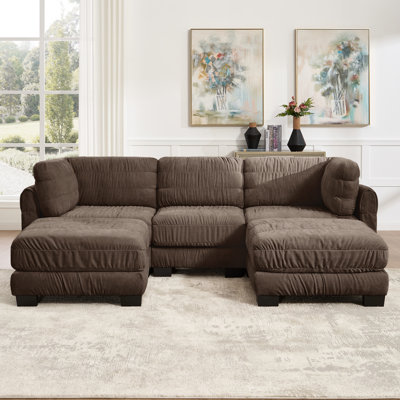3 Seat Ruched Detailing Chenille Modular Sectional Sofa,Movable 2 Ottomans,High-Density Foam,L Shape Thickened  Back Cushions,Easy Assembly,For Living