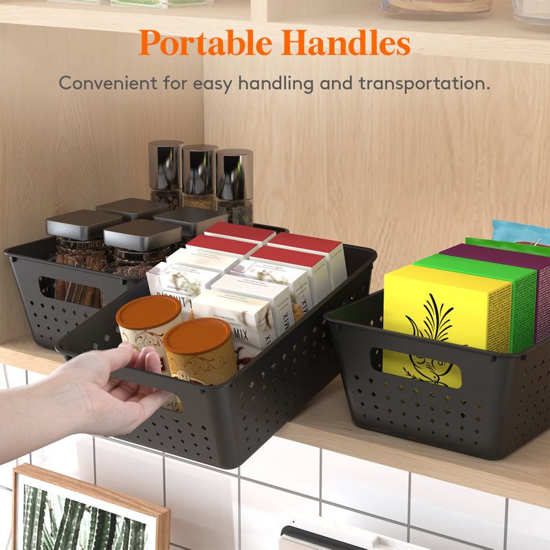 Plastic Storage Basket, 7 Pack Stackable Storage Bins For Organizing, Multi Size Open Containers For Shelving, Pantry, Office And Cabinet, 5 Large And 2 Small Size, Black