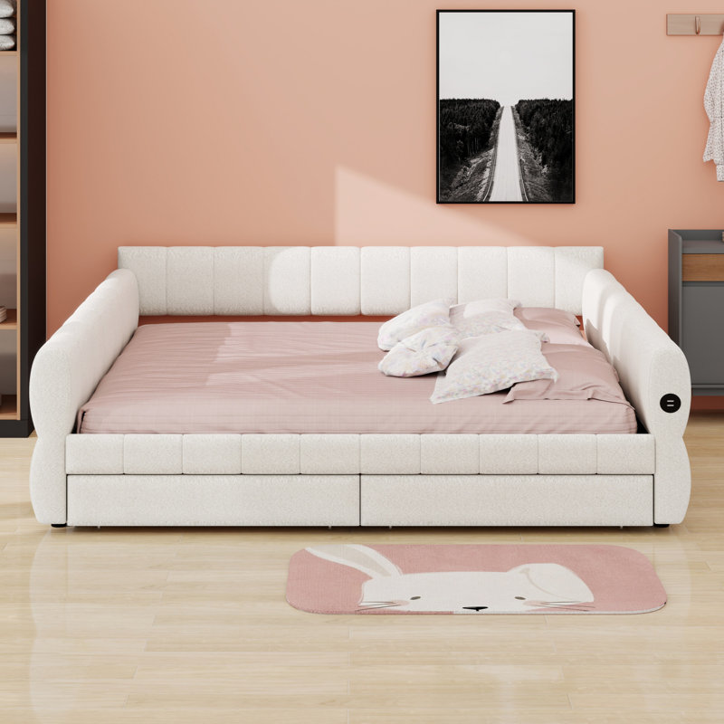 Modern Platform Bed Featuring Two Storage Drawers, White