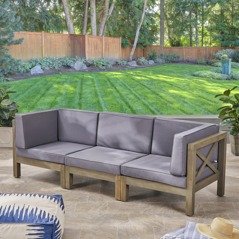 30.3'' Wide Wood Patio Sofa with Cushions, Gray Finish Frame / Dark Gray Cushion