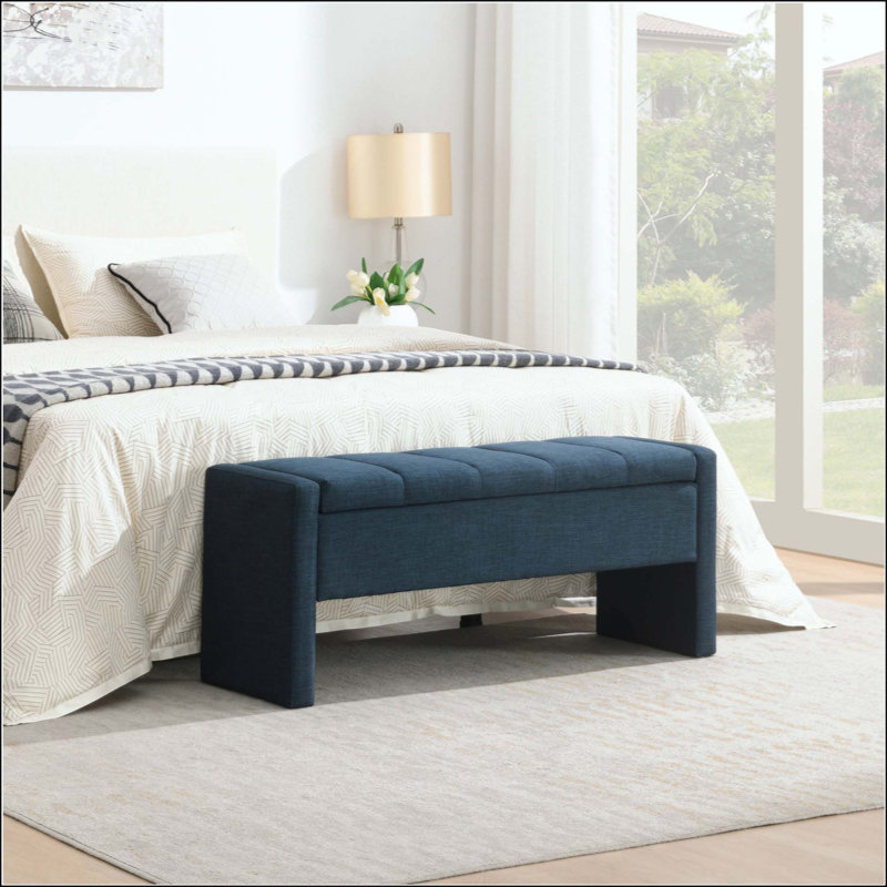 Upholstered Storage Bed End Bench, Multi-Use Foot Rest & Vanity Stool for Living Room Bedroom & Dorm, Navy Blue
