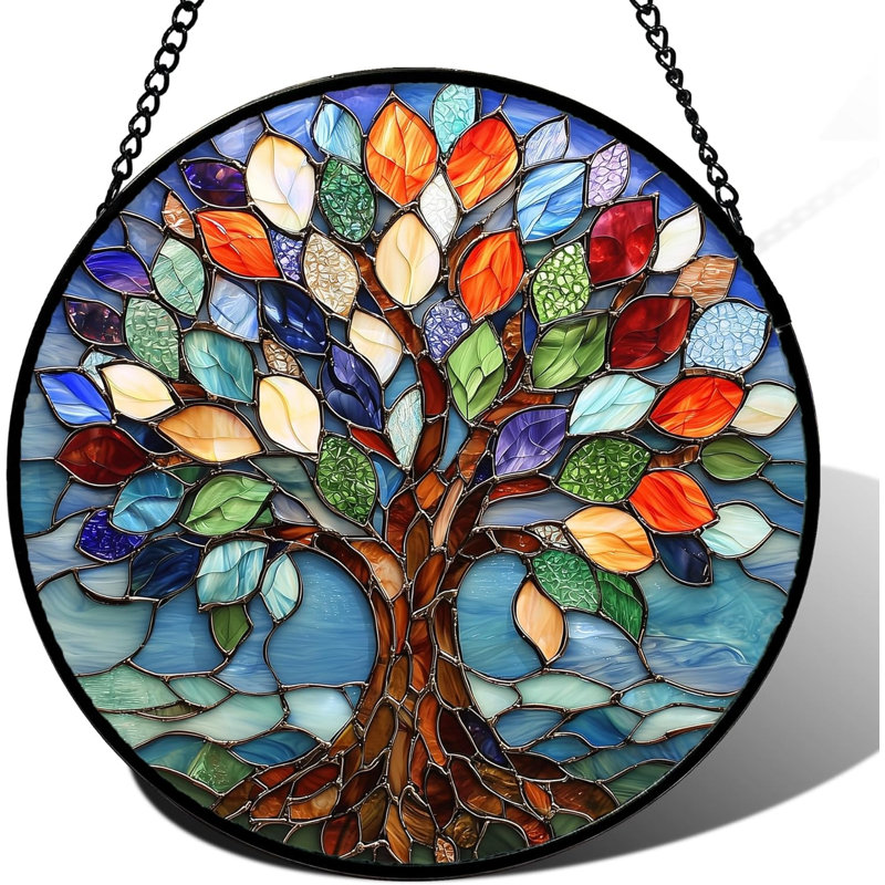 Vitrail suspendu, vitrail coloré arbre de vie avec attrape-soleil en verre bleu Suncatcher
