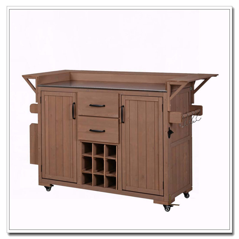 Modern 60.2''W Outdoor Kitchen Island with Wheels, Rolling Patio BBQ Kitchen Cart with Stainless Steel Top, Brown