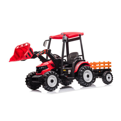 Les enfants 24V montent sur des tracteurs avec une télécommande pour les parents, des tracteurs à pédales avec une chargeuse et une pelle rétrocaveuse, des enfants qui roulent sur des jouets de voiture, des véhicules électriques à batterie 24V avec remorque et une pelle (rouge) （Il est conçu pour un seul conducteur.）
