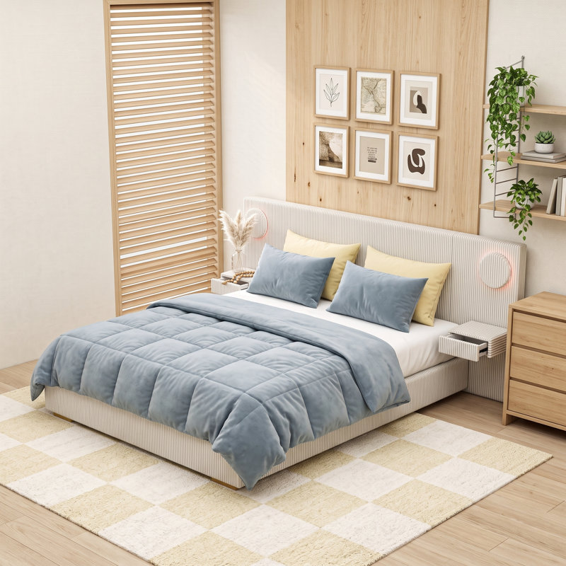 Lit plateforme tapissier avec lumières DEL, ports de chargement USB et tiroirs de rangement, Queen, Beige