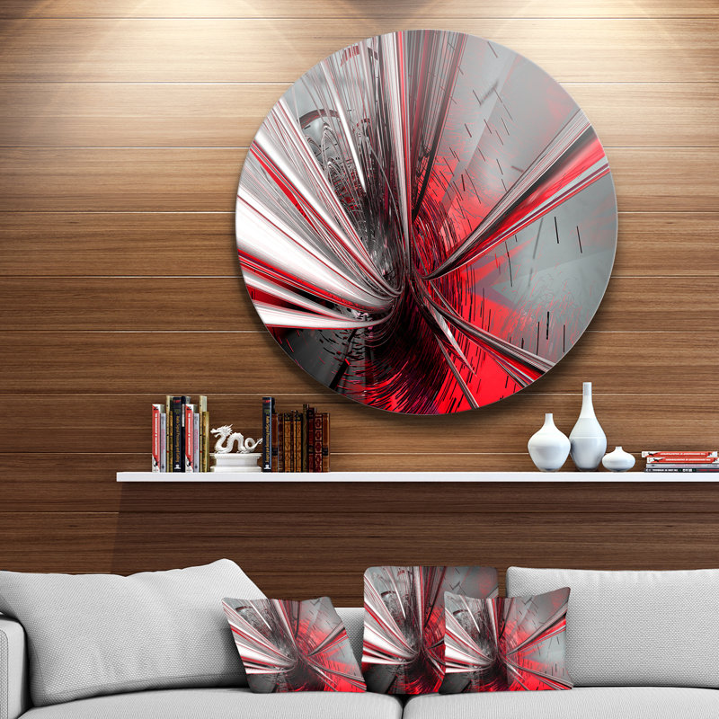 Fractal Grey and Deep Red Round metal wall art, 11" H x 11" W