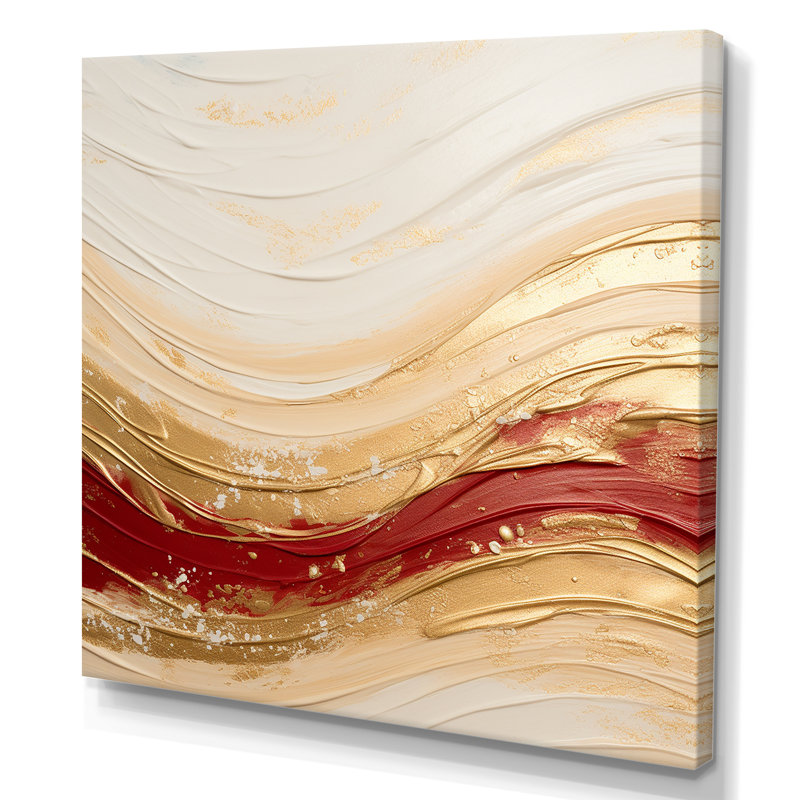 «Gold and Red Soft Wave Fusion», impression sur toile abstraite, H 30 po x l 30 po x P 1 po, Toile tendue
