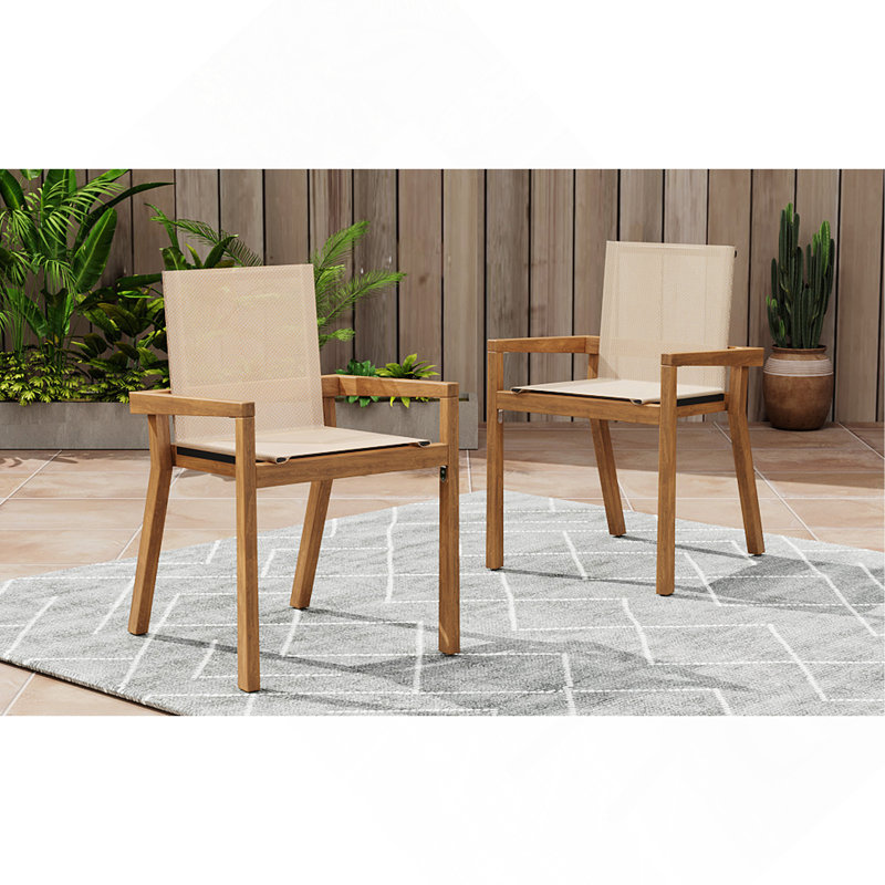 Chaise de salle à manger, ensemble de 2, structure en teck et tissu beige