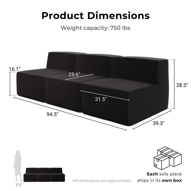 Winkler 94.5" Chenille Modular Armless Sofa, Black