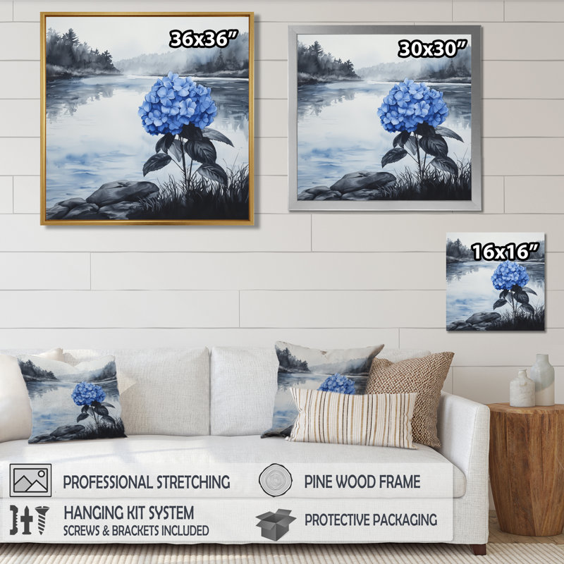 Hortensias au bord de la rivière en monochrome III - hydrangées, art mural, Reproduction encadrée d'une seule photo