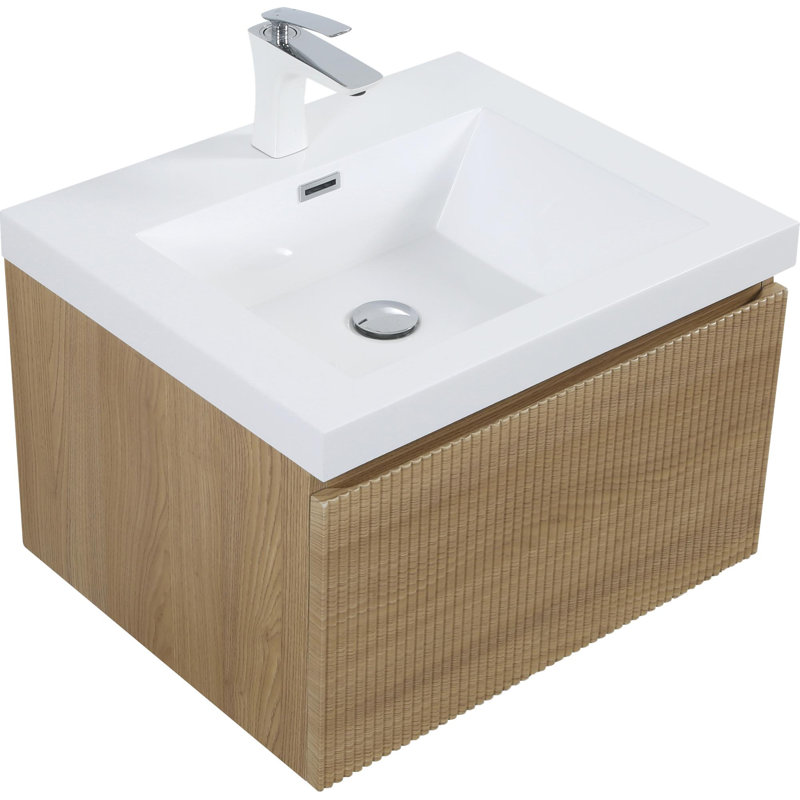 Wall Mounted Bathroom Vanity with Solid Surface Sink, White, Oak Natural Wood, 24"