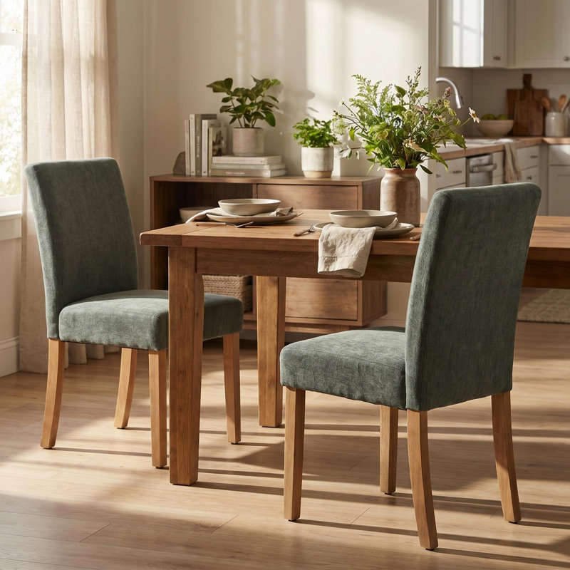 Chaises de salle à manger rembourrées en bois massif, Tissu vert