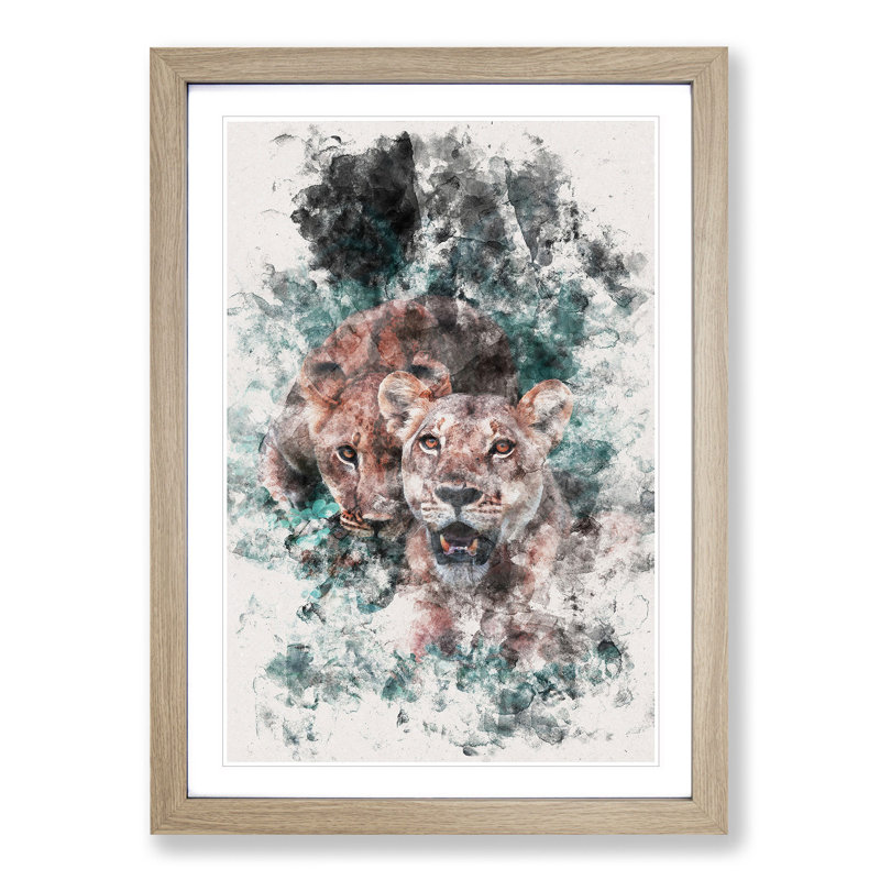 Lioness Duo - Picture Frame Painting Print, Oak Framed, 33cm H x 24cm W x 2cm D