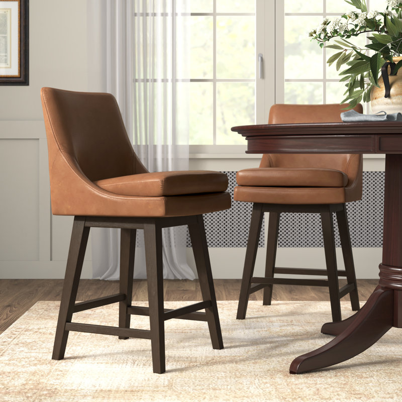 Aleksy Swivel Upholstered Counter Stool with Solid Wood Frame, Saddle Brown, Bar Stool (30" Seat Height)
