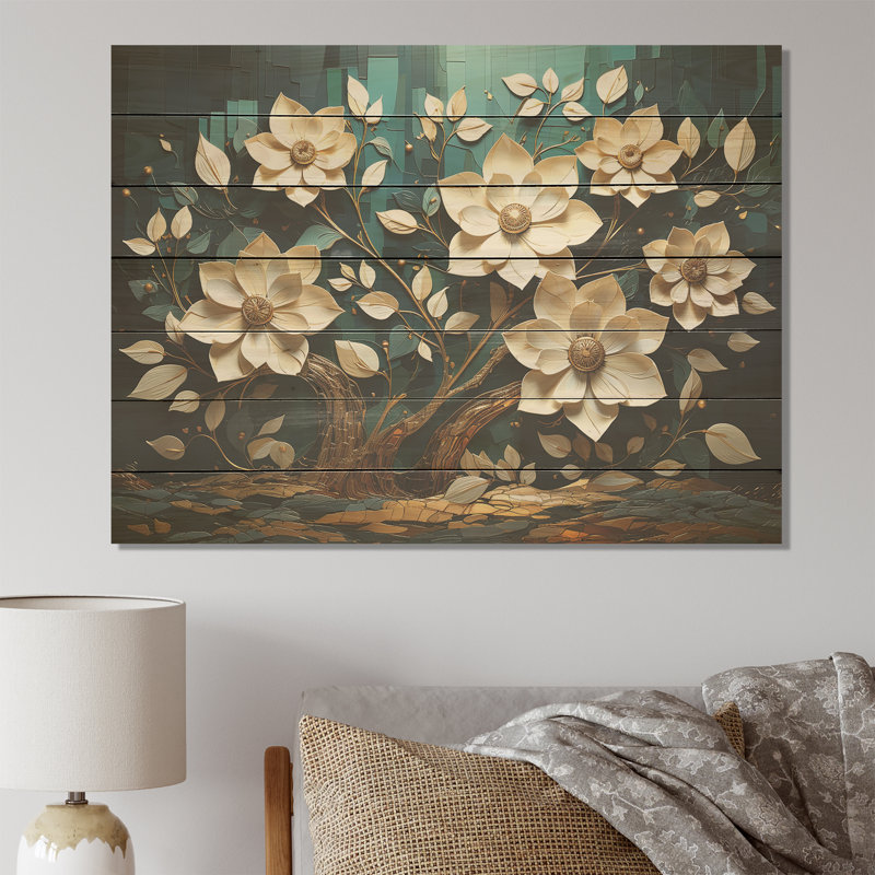 «White» and Blue Charm Spring Flower Elegance I - Fleurs sur bois, H 10 po x l 20 po