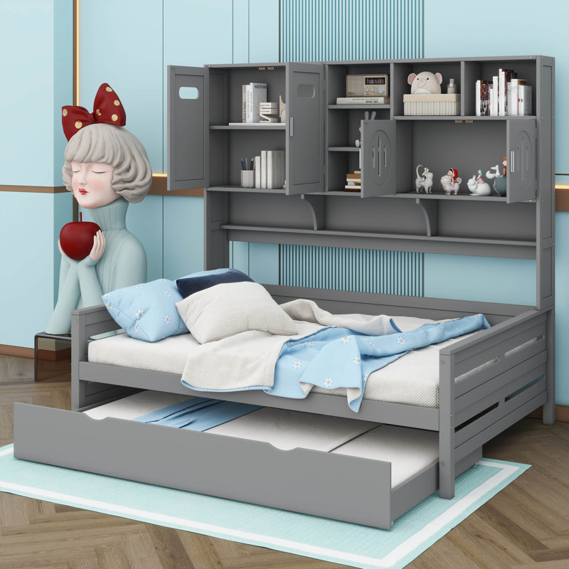 Élégant lit de jour en bois avec lit gigogne escamotable et armoire intégrée, Double, gris