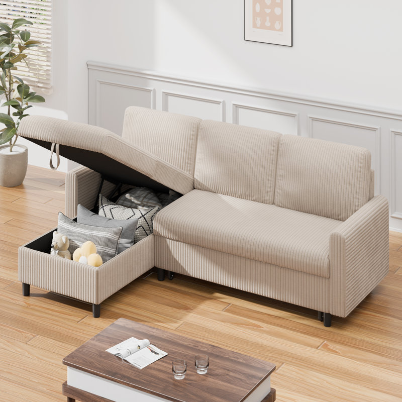 Ashleh 79" L-Shaped Sectional  with Ottoman, Beige Corduroy