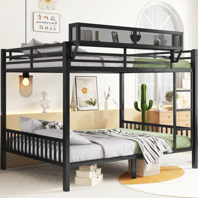 Black Metal Bunk Bed, Queen Over Queen, For Adults And Teens, With , Storage Shelf, 350lbs Upper Bed Capacity, Stable Design Color, Included, Thick Tubes, Strong Frame