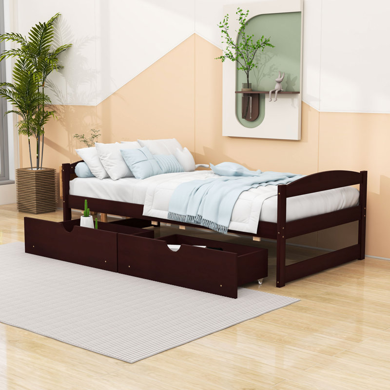 Lit plateforme simple en bois avec 2 tiroirs, Espresso