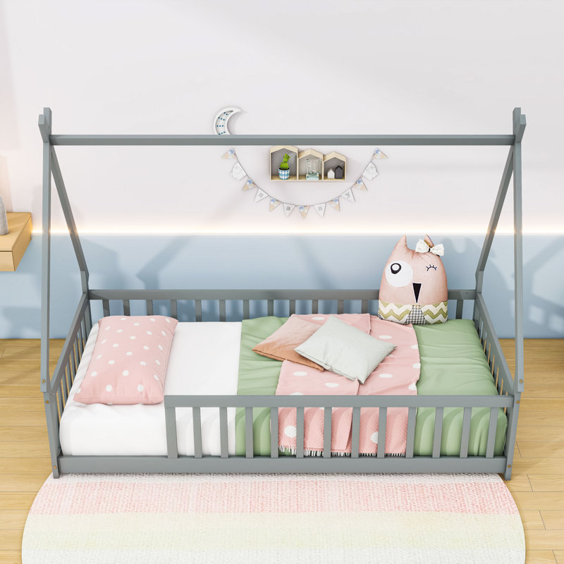 Twin Bed With Guardrails And Slats, Gray