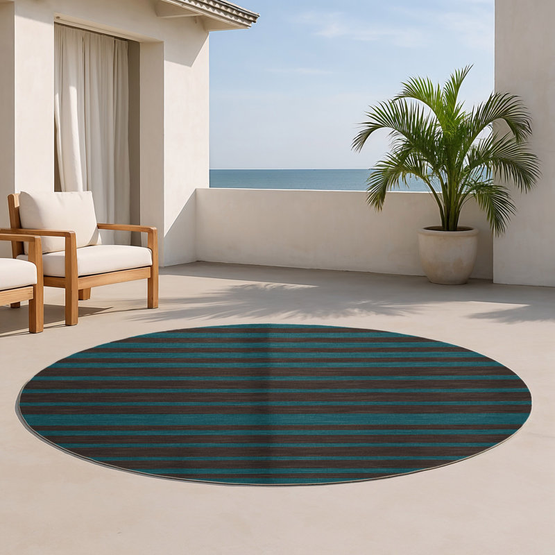 Tapis intérieur / extérieur bleu HorizontalStripes, Rond 5 pi