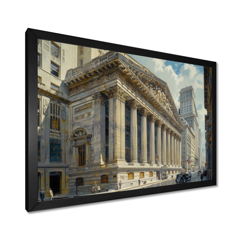«Beige Banks Architectural In New York I», impression d'art mural Banks, Cadre photo noir, H 16 po x l 32 po