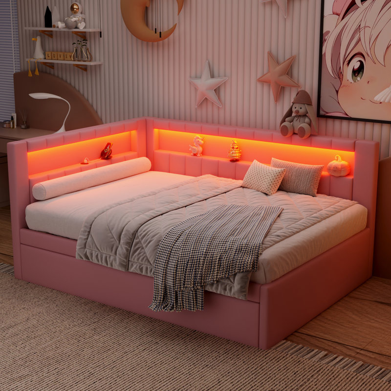Pink Upholstered Full Platform Bed with USB Ports, LED Lights and Twin Trundle, No Box Spring Needed
