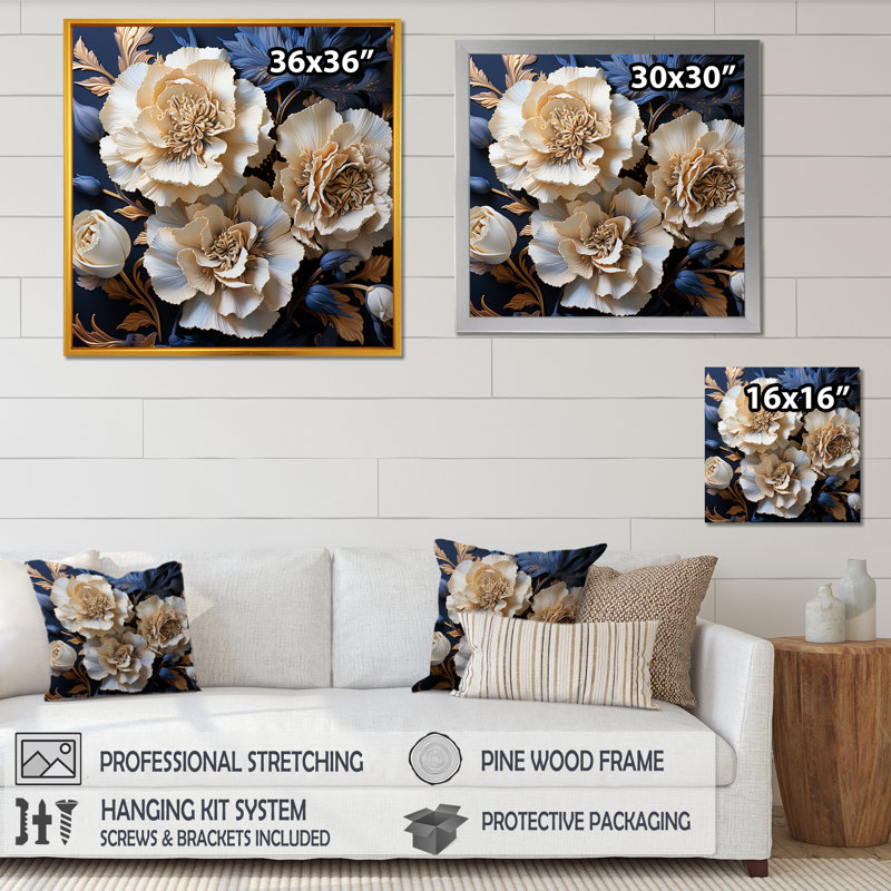 «White Blue Minimalisme Carnations I» sur toile, Cadre naturel flottant, H 24 po x l 24 po x P 1 po