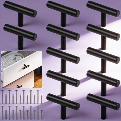 Ensemble de 12 boutons d'armoire noirs, poignées de tiroir en T de 2 pouces avec vis pour la cuisine, la salle de bain et les meubles, quincaillerie en acier inoxydable durable