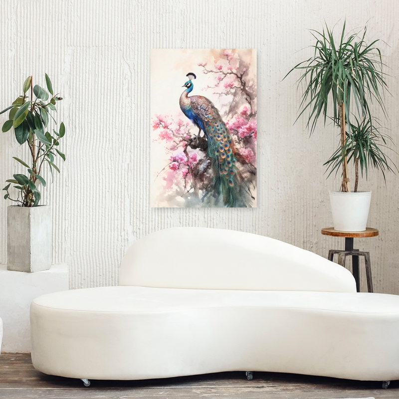 Peacock Among Cherry Blossoms Contemporary Bird Animal Flower Wall Art Print 1 Piece Wrapped Canvas Wall Art