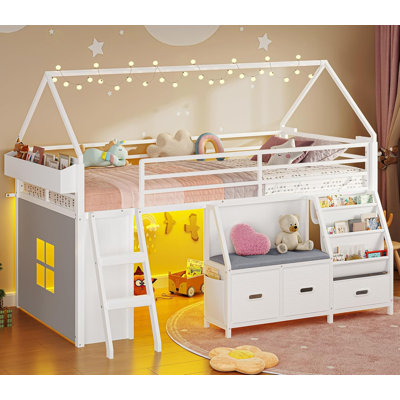 Low Loft Bed Twin Size With Bookshelf, Reading Nook, Led Kids Loft Bed With 3 Drawers, Under-bed Play Space, House Loft Beds With Safety Guardrail, Inclined Ladde & Play Curtain