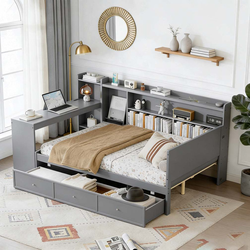 Full Size Wooden Daybed With 3 Drawers, USB Ports and desk, Gray
