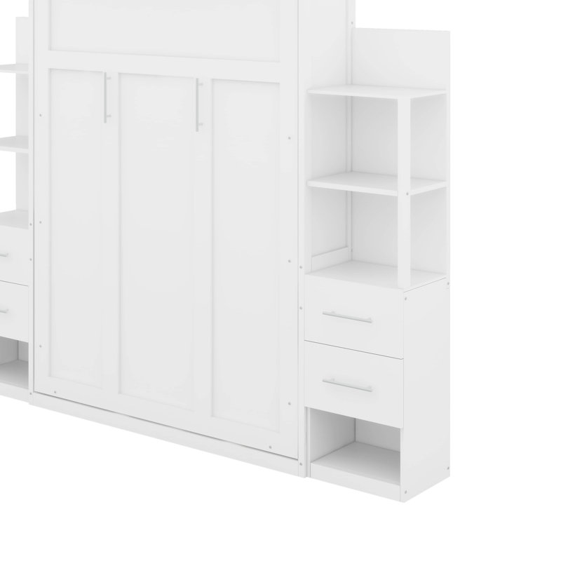 Lit escamotable double avec tablettes, tiroirs et lumières DEL, Blanc